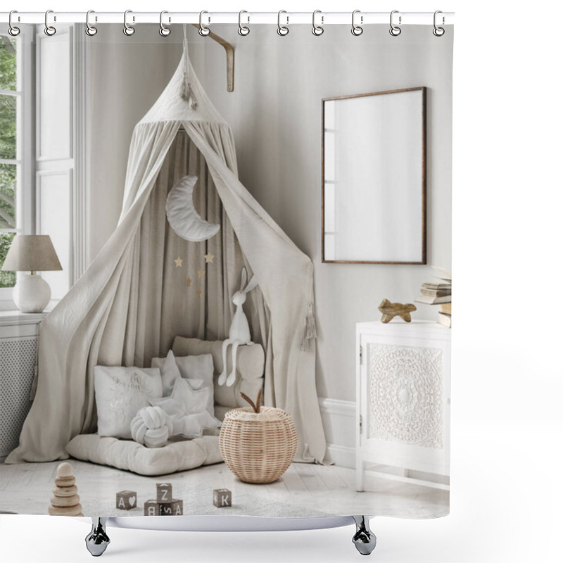 Personality  Mock Up Frame In Children Room, Scandi-Boho Style Interior Background, 3D Render Shower Curtains