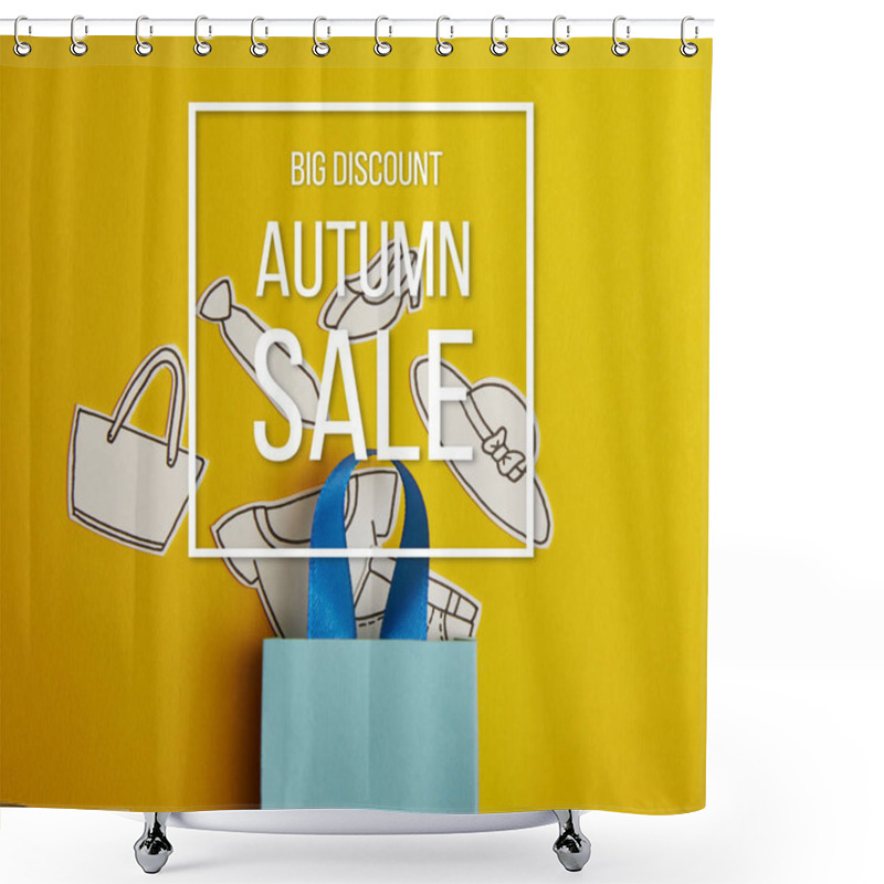 Personality  Top View Of Blue Shopping Bag With Paper Clothes On Yellow Background, Autumn Sale Inscription Shower Curtains