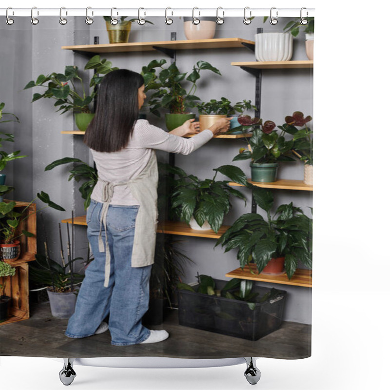 Personality  Brunette Woman Organizes Potted Plants In Her Cozy Flower Shop, Showcasing Her Passion For Nature. Shower Curtains