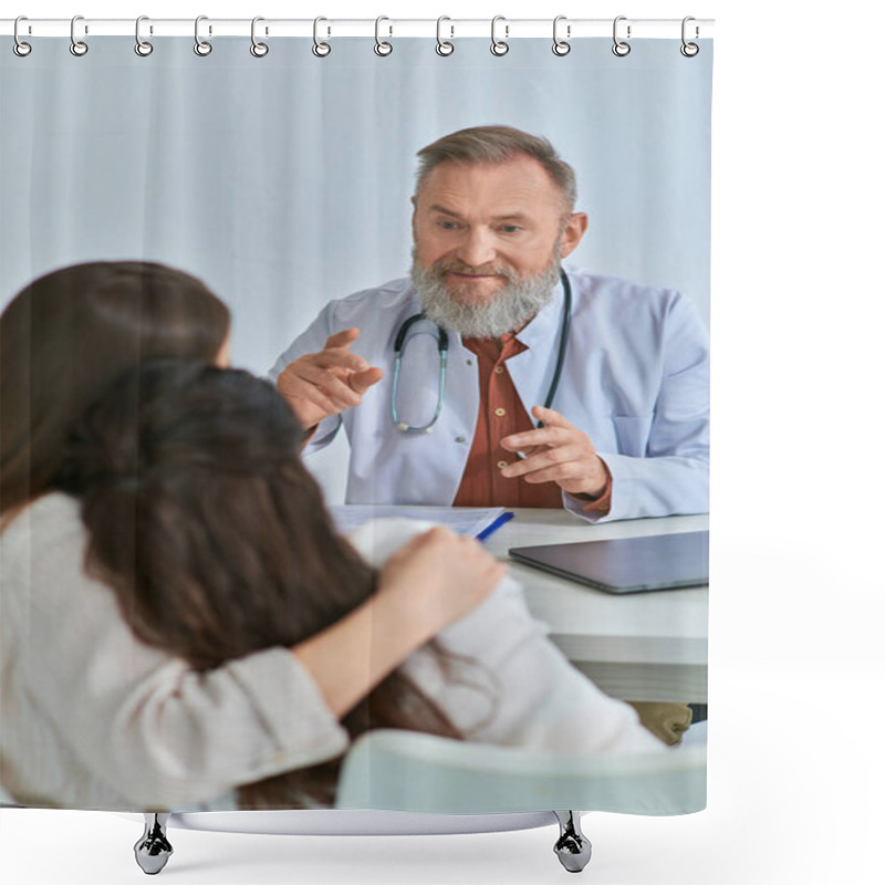 Personality  Grey Bearded Doctor Gesturing And Explaining Something To Beautiful Lgbt Couple, Ivf Concept Shower Curtains