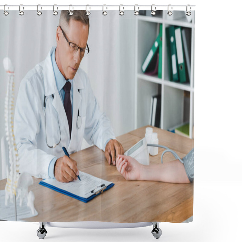 Personality  Handsome Doctor Measuring Blood Pressure Of Patient In Clinic  Shower Curtains