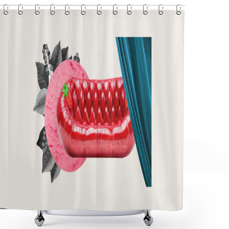 Personality  Glossy Red Sofa Resembling Strawberry, Layered With Green Leaves And Blue Velvet Curtain In Surreal Artistic Composition. Contemporary Art Collage. Concept Of Creativity, Surrealism, Interior Design Shower Curtains