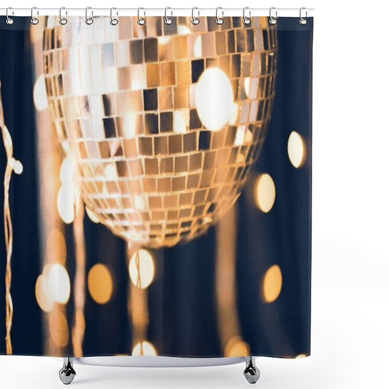 Personality  Close-up Shot Of Glossy Disco Ball On Black Background With Garland Hanging Around Shower Curtains