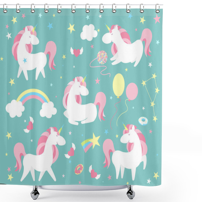 Personality  Unicorn Character Set. Cute Magic Collection With Unicorn, Rainbow, Heart ,fairy Wings And Balloon. Catroon Style Vector Illustration Shower Curtains