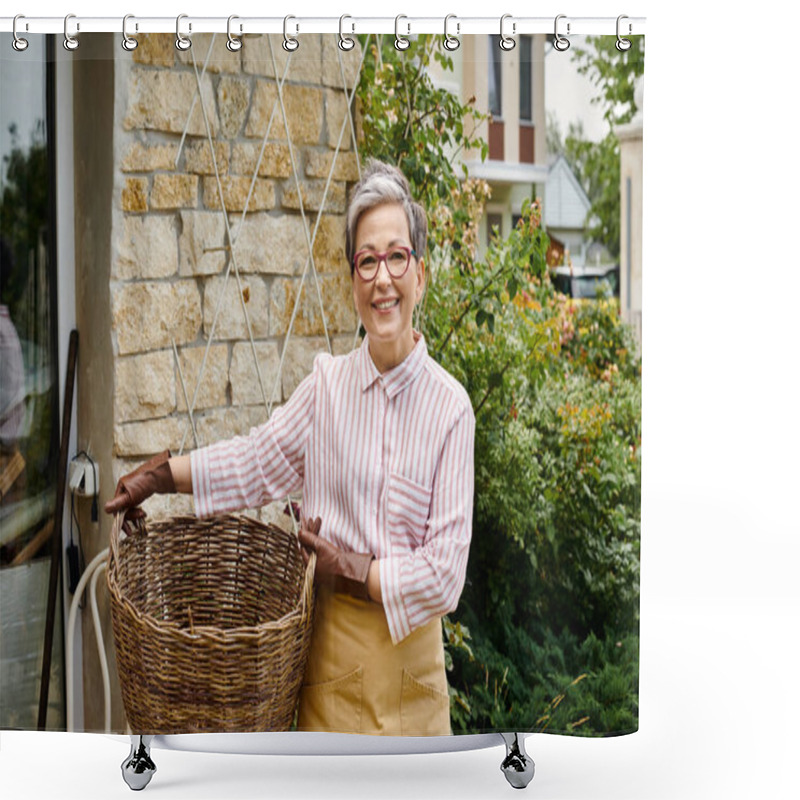 Personality  Cheerful Mature Woman Holding Big Straw Basket And Smiling At Camera Near Her House In England Shower Curtains