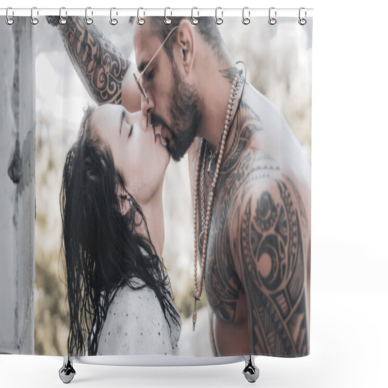 Personality  Passion Love Couple. Romantic Moment. Handsome Muscular Guy And Amazing Sexy Woman. Cosmopolitan Couple. Love And Flirt. Muscular Man And Fit Slim Young Female Kissing. Couple Goals. Shower Curtains