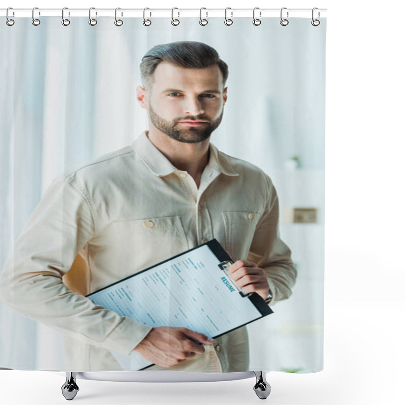 Personality  Handsome Bearded Man Holding Clipboard And Looking At Camera  Shower Curtains