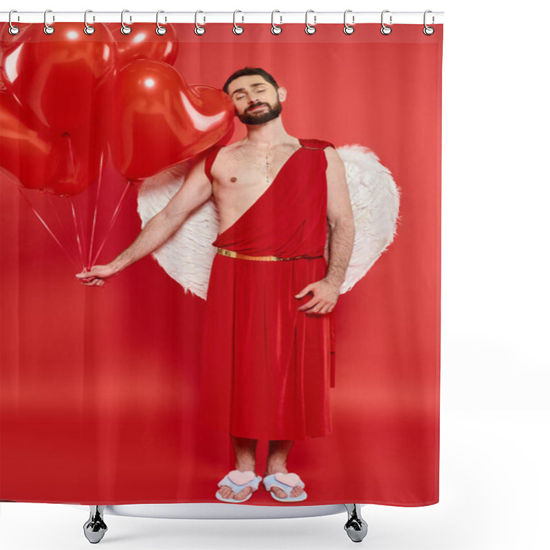 Personality  Romantic Bearded Man In Cupid Costume With Closed Eyes And Red Balloons On Red, St Valentines Day Shower Curtains