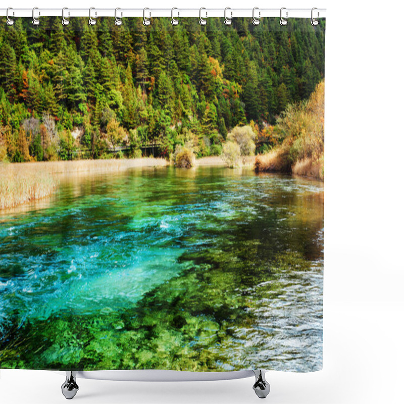 Personality  Beautiful River With Azure Crystal Water Among Evergreen Woods Shower Curtains