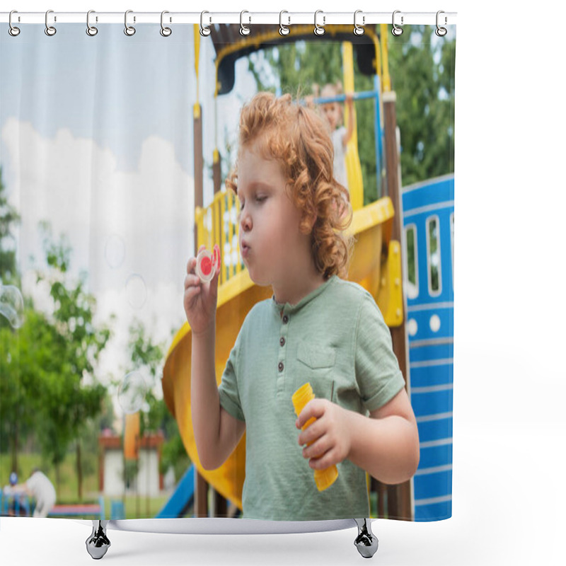 Personality  Curly Boy Blowing Soap Bubbles On Playground Shower Curtains