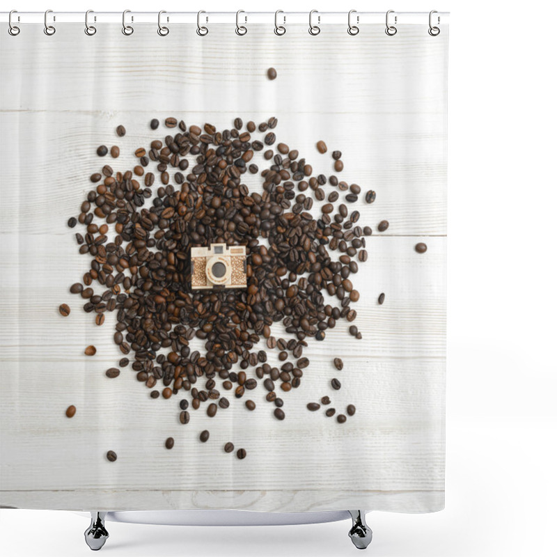 Personality  Small Golden Camera Layout On A Bunch Of Coffee Beans Shower Curtains