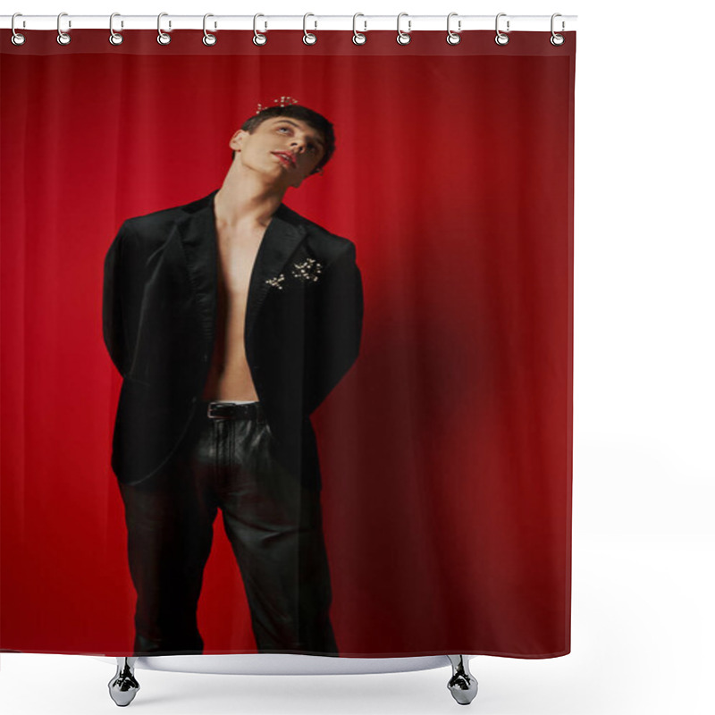 Personality  Dreamy Man In Stylish Outfit With Flowers In Hair And Pocket Of Velvet Blazer Looking Up On Red Shower Curtains