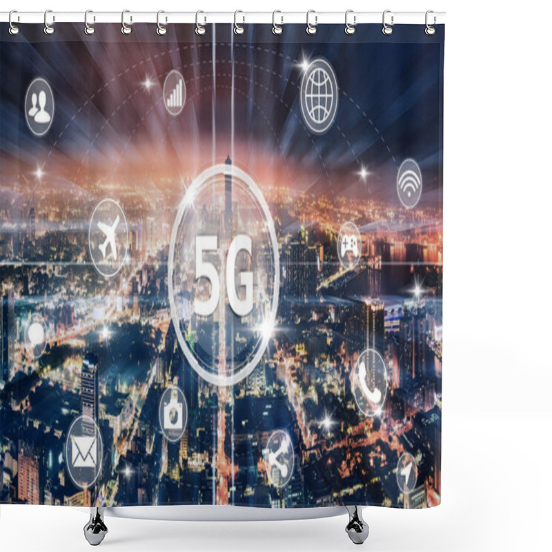 Personality  Aerial View City At  Night  And 5g Network  Application Tech Con Shower Curtains