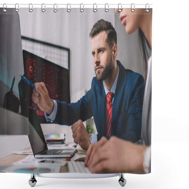 Personality  Selective Focus Of Data Analyst Pointing On Graphs On Computer Monitor To Colleague At Table  Shower Curtains