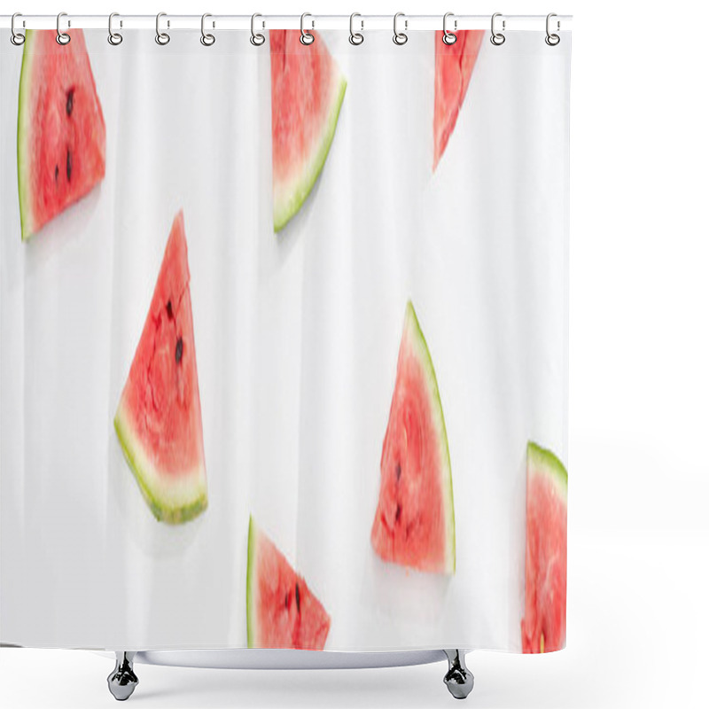 Personality  Panoramic Shot Of Fresh Watermelon Slices On White Background Shower Curtains