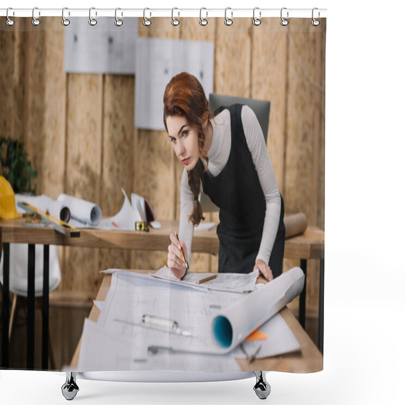 Personality  Beautiful Young Female Architect Discovering Building Plans Shower Curtains