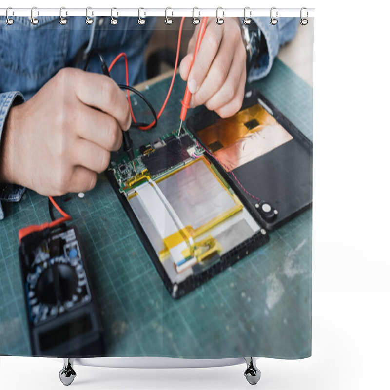 Personality  Close Up View Of Repairman Hands Holding Sensors Of Multimeter On Part Of Broken Digital Tablet At Workplace Shower Curtains