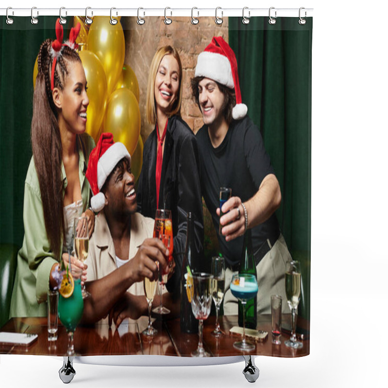 Personality  Young Professionals Enjoy Drinks And Cheerful Moments At A Vibrant Corporate Holiday Gathering. Shower Curtains