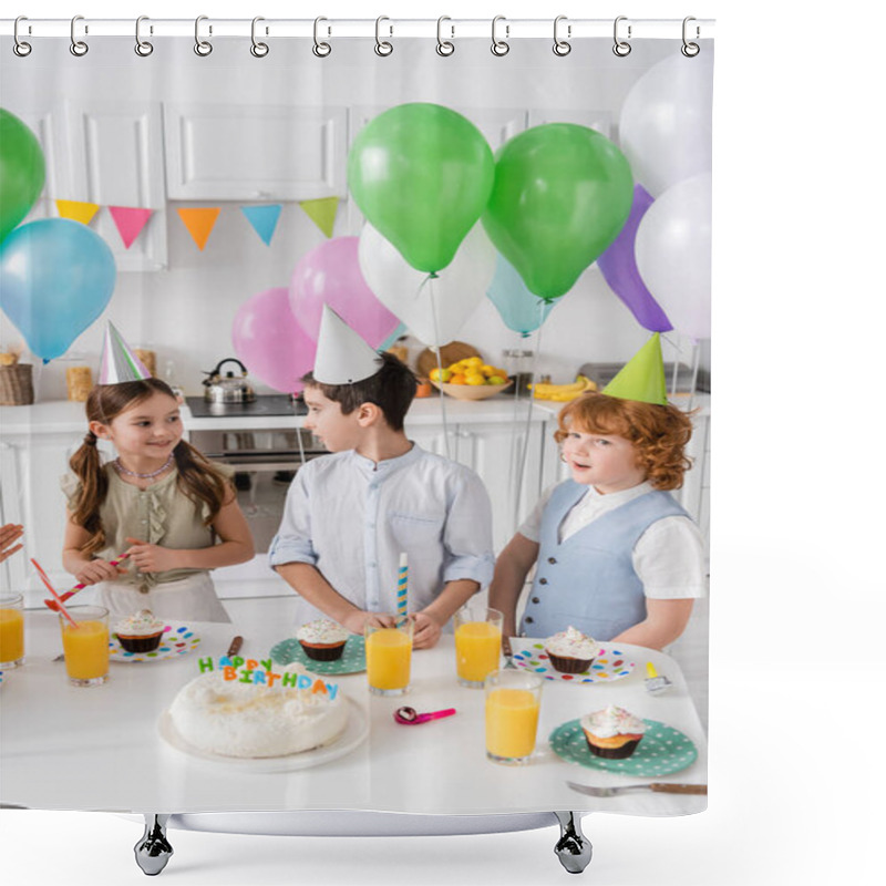 Personality  Happy Boy And Girl Looking At Each Other Next To Cake During Birthday Party  Shower Curtains