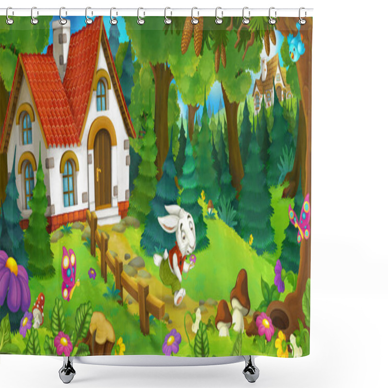 Personality  Cartoon Background Of An Old House In The Forest Funny Rabbit Is Hurrying And Running Illustration For Children Shower Curtains