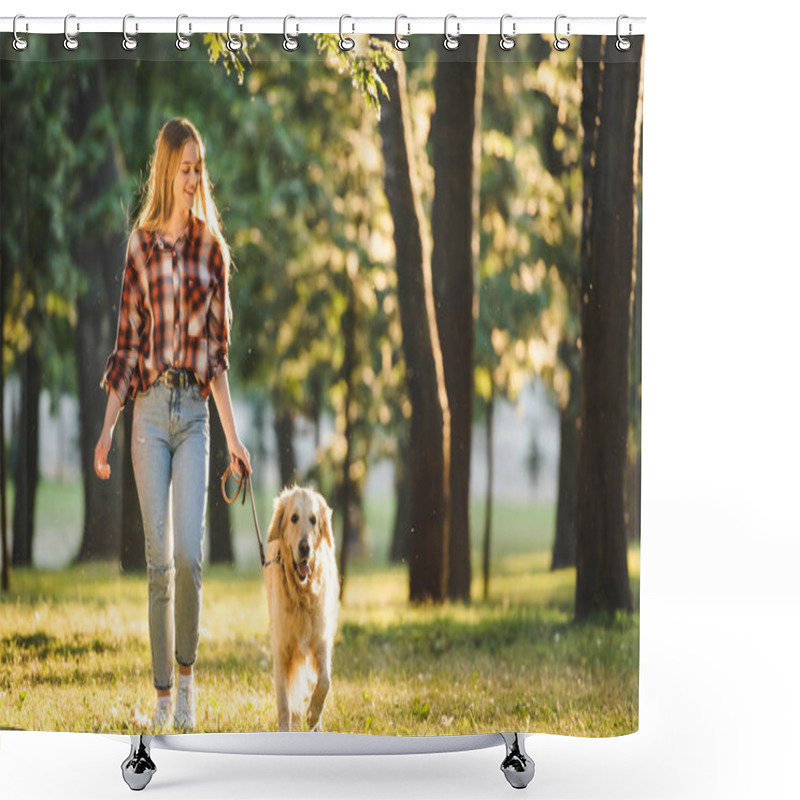 Personality  Full Length View Of Girl In Casual Clothes Walking With Golden Retriever On Meadow In Sunlight Shower Curtains