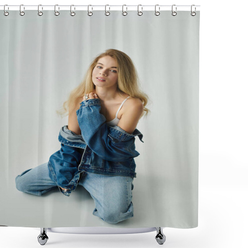 Personality  A Young Woman Sits Elegantly In A Stylish Denim Outfit, Radiating Confidence. Shower Curtains