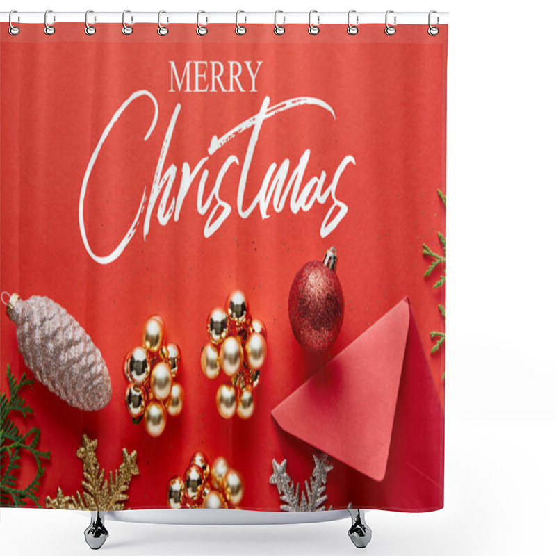 Personality  Top View Of Shiny Christmas Decoration, Envelope And Thuja On Red Background With Merry Christmas Illustration Shower Curtains