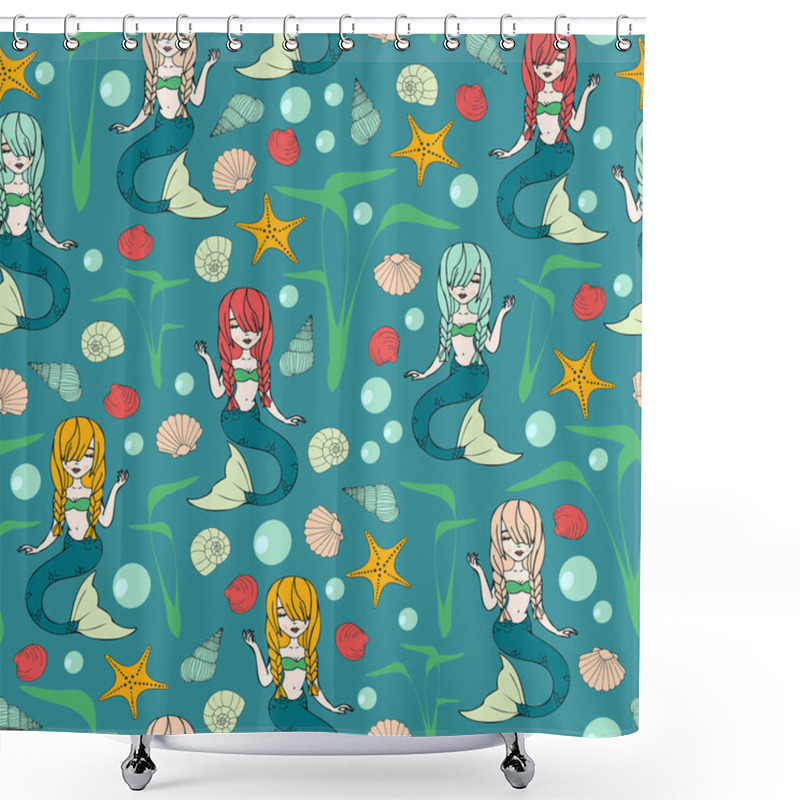 Personality  Seamless Vector Pattern With Mermaid On Blue Background. Under Sea Fantasy Wallpaper Design. Magical Fashion Fabric For Children. Shower Curtains