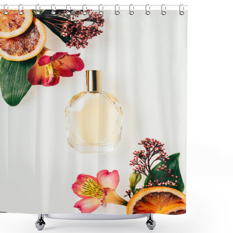 Personality  Top View Of Glass Bottle Of Aromatic Perfume With Various Flowers And Grapefruit Slices Isolated On White Shower Curtains