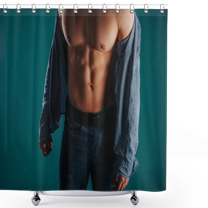 Personality  Well-built And Stunning Man Standing In A Green Room And Posing Shower Curtains