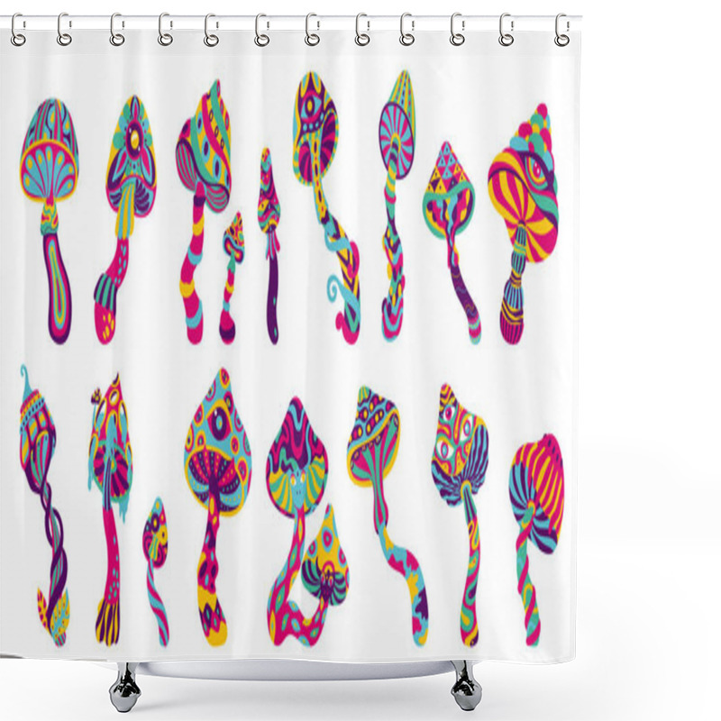 Personality  Trippy Mushroom Set With Isolated Hand Drawn Style Mushrooms Of Different Shape And Psychedelic Color Surface Vector Illustration Shower Curtains