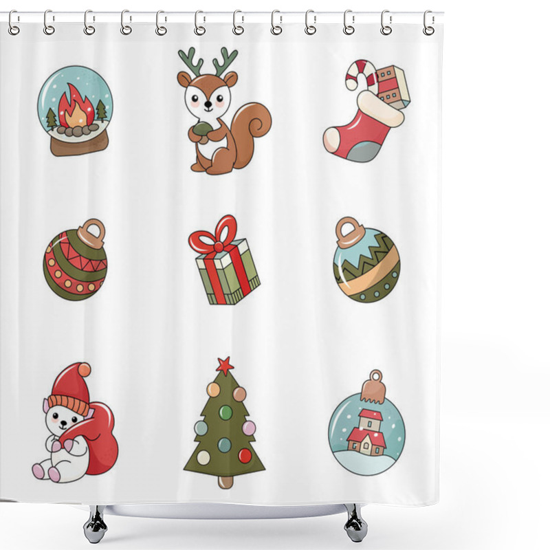 Personality  Cute Cartoon-style Christmas Illustration. A Set Of Festive Items: Santa Claus, Christmas Tree, Gifts, Christmas Tree Toy, Polar Bear With A Bag Of Gifts, Reindeer, Lollipop, Snow Globe With Fireplace, Christmas Sock With Gifts. Bright And Colorful E Shower Curtains