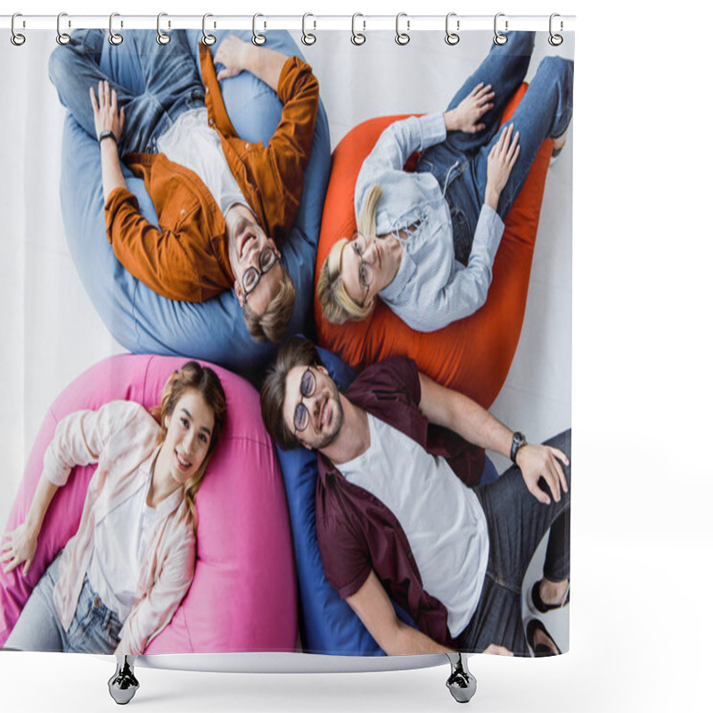 Personality  Top View Multicultural Colleagues Of Startup Project Lying On Bean Bag Chairs In Office Shower Curtains