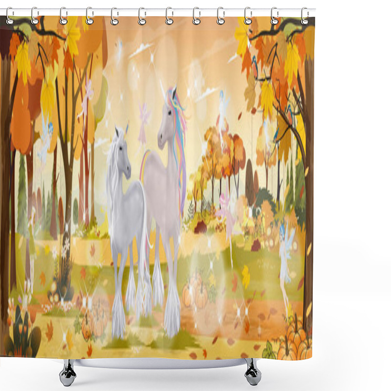 Personality  Fantasy Cute Cartoon Of Little Fairies Flying  With Two Unicorn In Magic Autumn Forest, Vector Landscape Of Autumn Wonderland.Fall Season With Beautiful Panoramic View With Mid Autumn Natural Shower Curtains