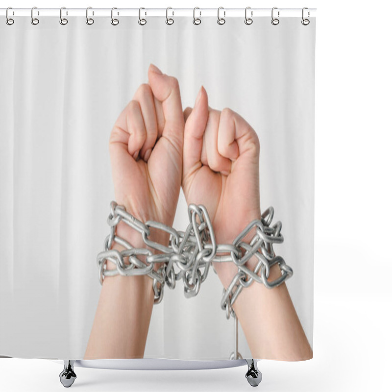 Personality  Cropped View Of Young Woman In Metallic Chains Isolated On White, Human Rights Concept  Shower Curtains