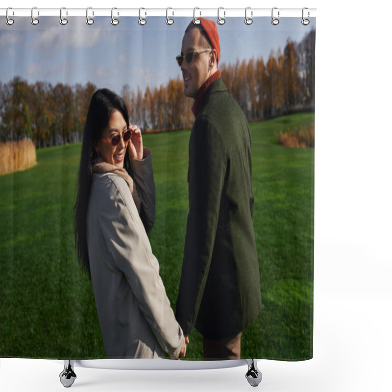 Personality  A Loving Couple Shares A Joyful Moment, Holding Hands And Laughing Outdoors In Autumn. Shower Curtains