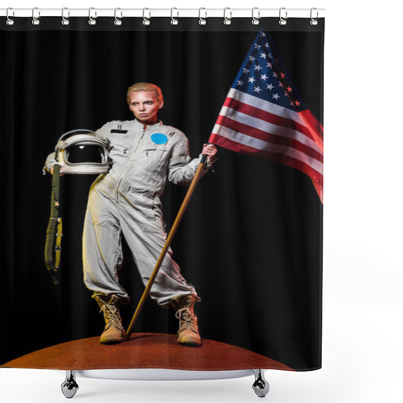 Personality  Beautiful Astronaut In Spacesuit Holding Helmet And American Flag On Red Planet  Shower Curtains