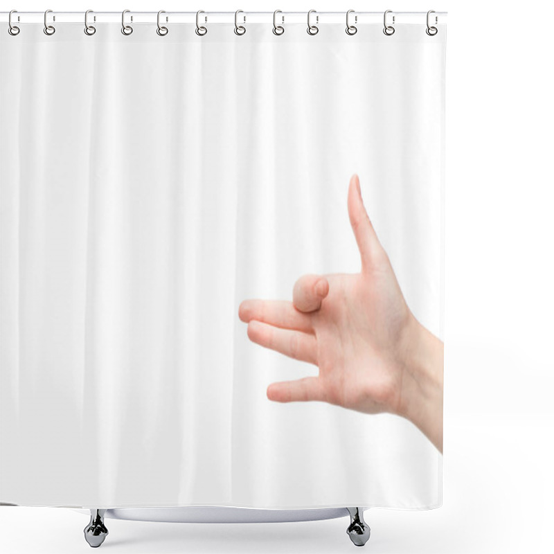 Personality  Cropped View Of Woman Showing Dog Head Gesture Isolated On White Shower Curtains