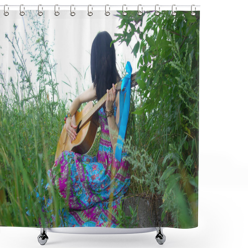 Personality  Portrait Of Hippie Posing Outdoor With Guitar Shower Curtains