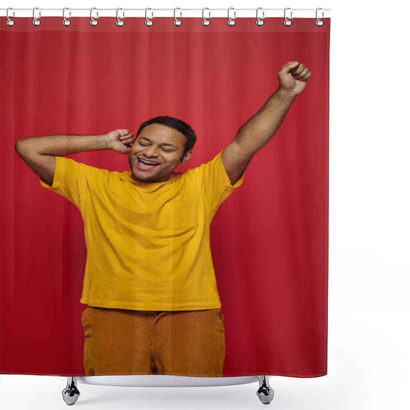 Personality  Amazed Indian Man In Bright Casual Clothes Standing With Raised Hand On Red Background, Yes Gesture Shower Curtains