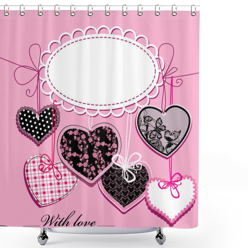 Personality  Holiday Background With Black And Pink Ornamental Hearts And Oval Frame For Your Text Shower Curtains