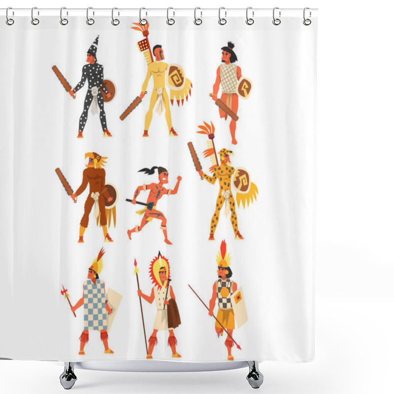 Personality  Armed Tribal Male Warriors Set, Tribe Members In Traditional Clothing Vector Illustrations On A White Background Shower Curtains