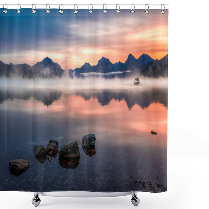 Personality  Boat Moored In Lake McDonald Near Apgar Shower Curtains