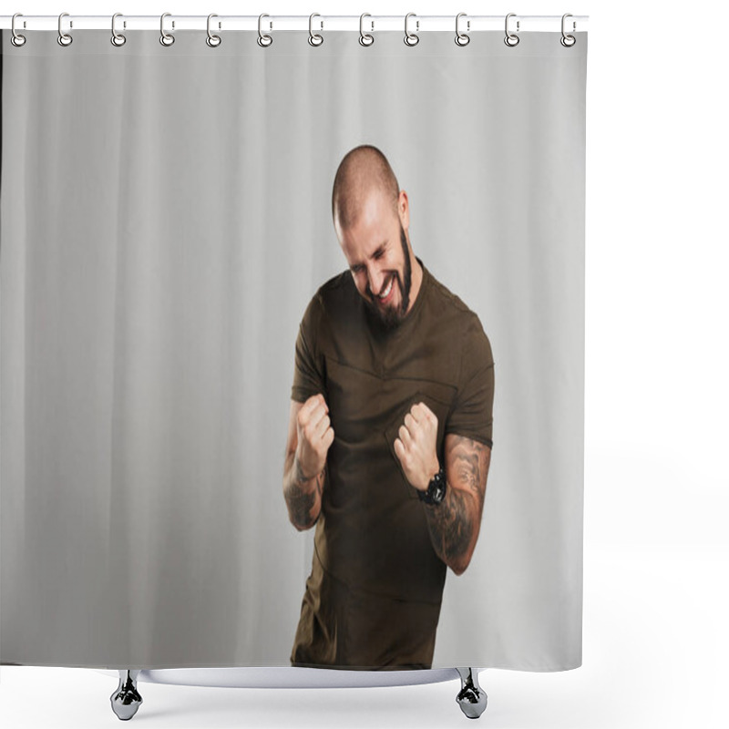 Personality  Image Of Happy Baldy Man With Beard And Mustache Clenching His F Shower Curtains