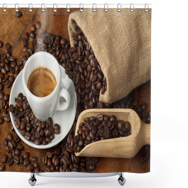 Personality  Coffee Cup With Jute Bag And Spoon Full Of Coffee Beans Shower Curtains