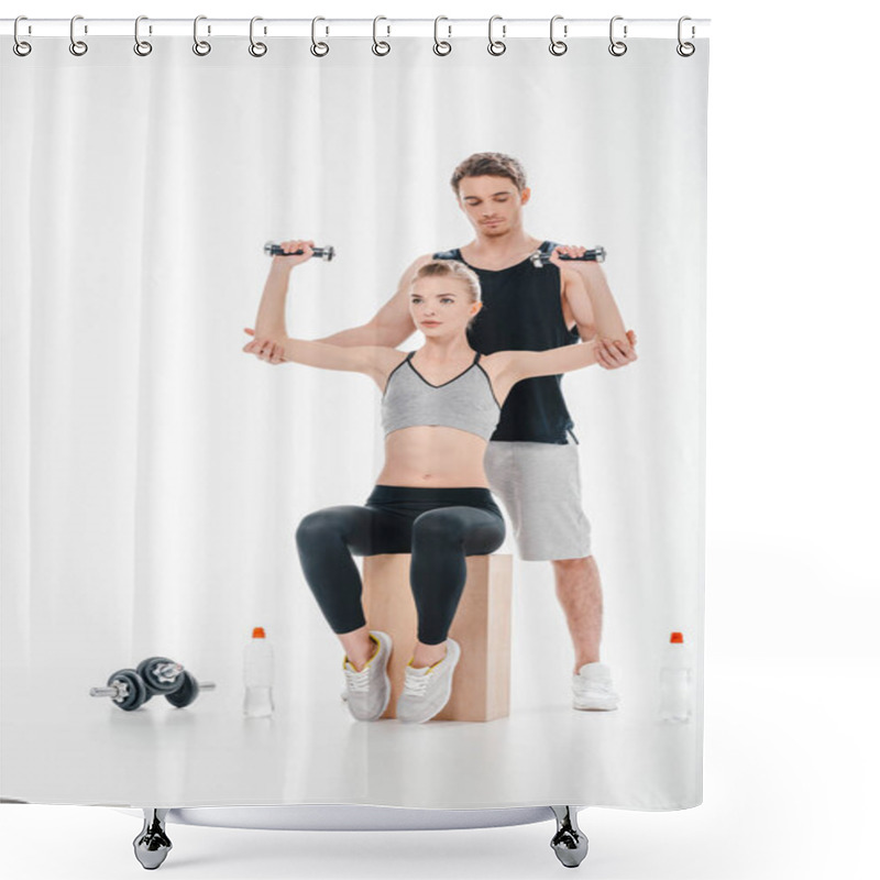 Personality  Girl Doing Exercise With Trainer Shower Curtains