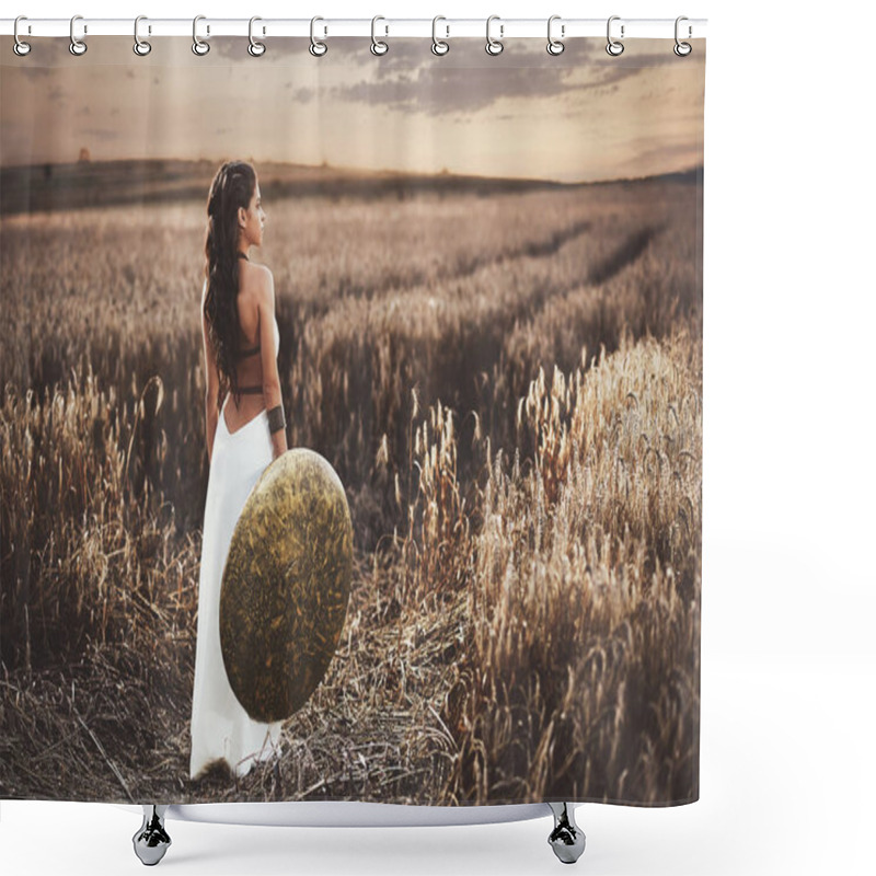 Personality  Back View Of Girl Holding Shield Among Grass In Field. Shower Curtains