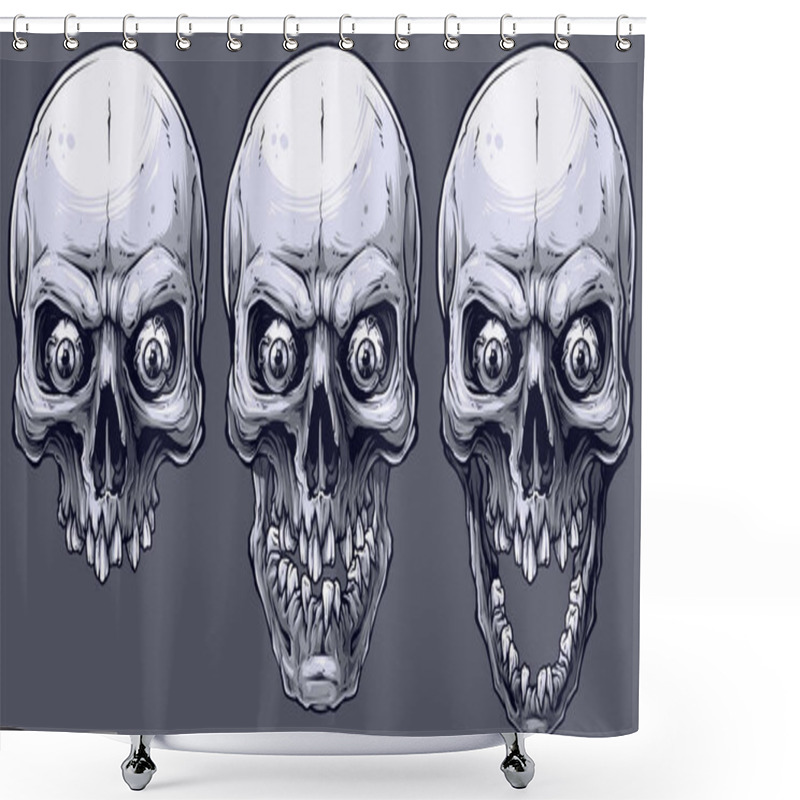 Personality  Detailed Graphic Realistic Cool Black And White Human Skulls With Crazy Eyes And Broken Teeth. On Gray Background. Vector Icon Set. Shower Curtains