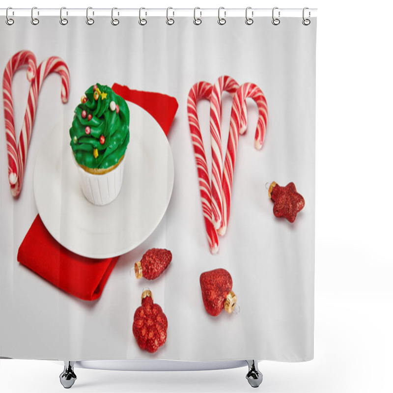 Personality  Delicious Cupcake On White Plate With Candies, Baubles And Red Napkin On White Surface Shower Curtains