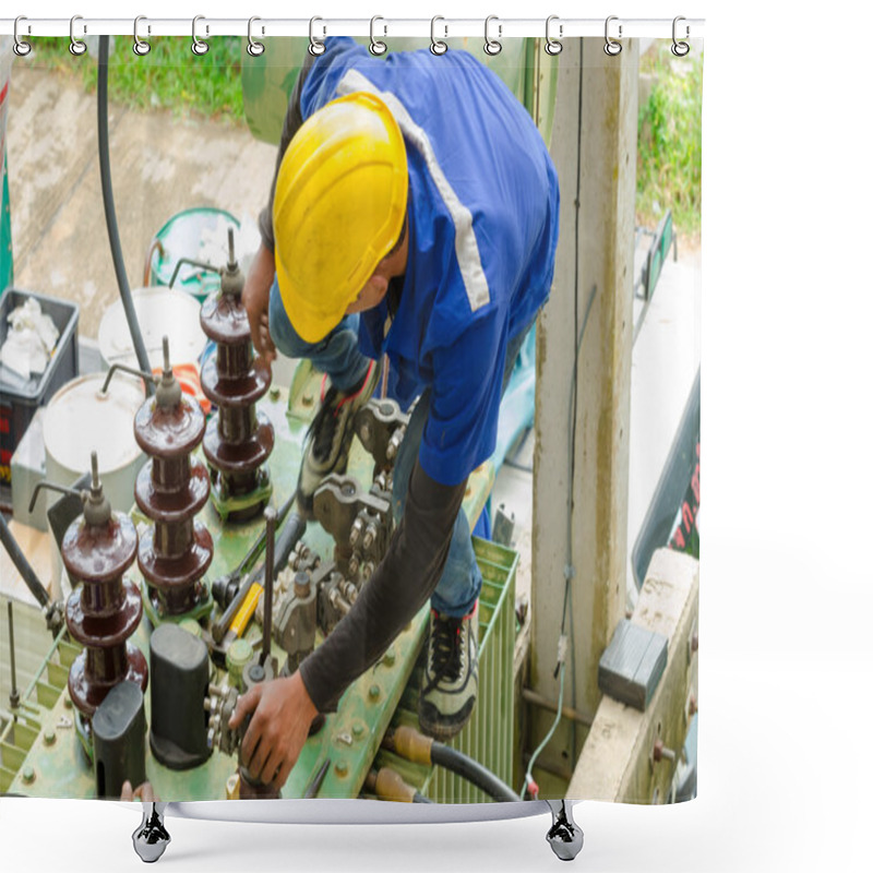 Personality  Electricians Are Examine Power Electrical Transformers. Shower Curtains